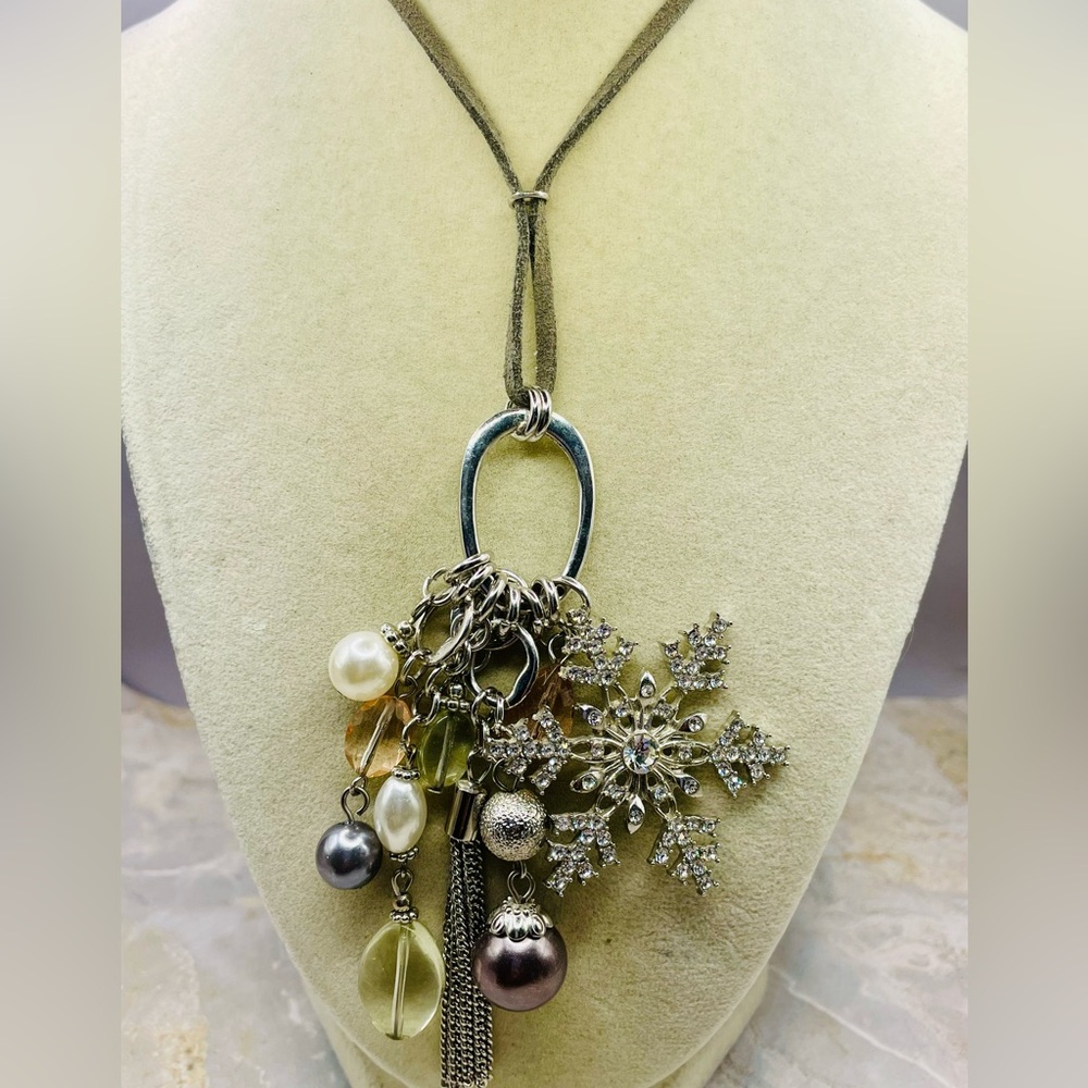 Multi Charm Snowflake Pendant w/Pearls, Beads, & Crystals on a Gray Suede Chain